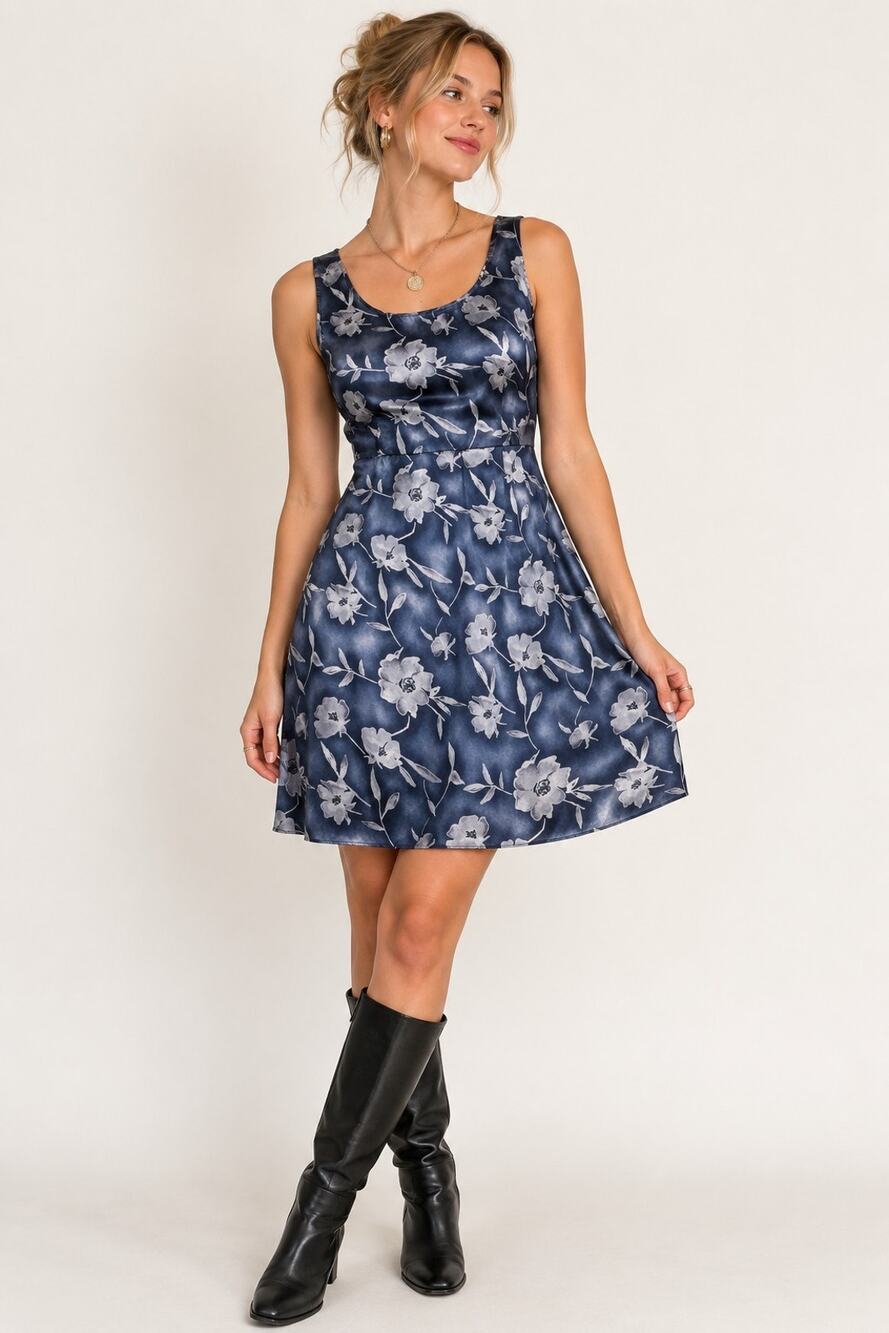 Fashion Bug Y2K Satin Floral Dress Blue Gray Fit & Flare Sleeveless Size 15/16